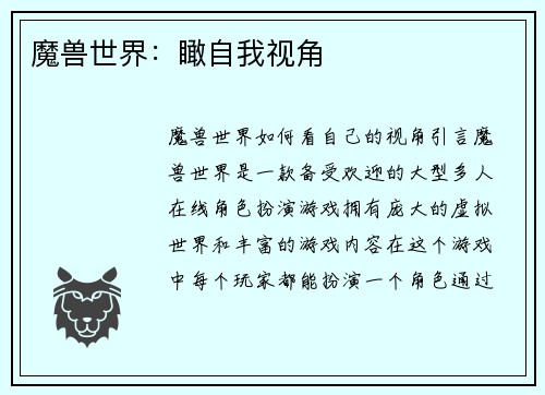魔兽世界：瞰自我视角